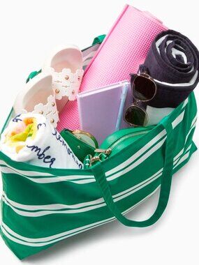 S Kate Spade Green Canvas Tote White Stripes Dot 25" x 15" FS Y